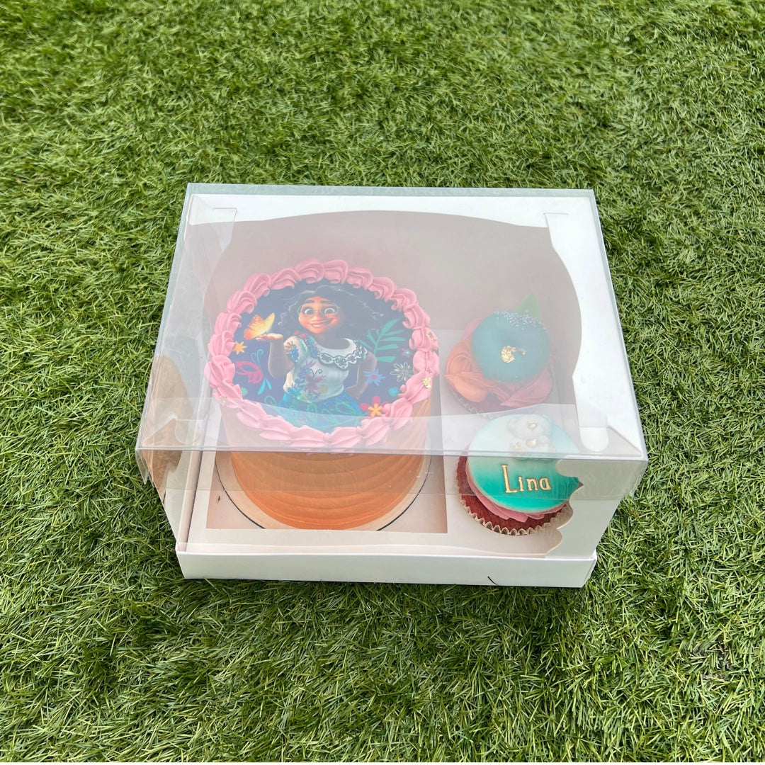 Extra sturdy crystal bento cake with 2 cupcakes box with transparent 180-degree viewing window for professional bakers.