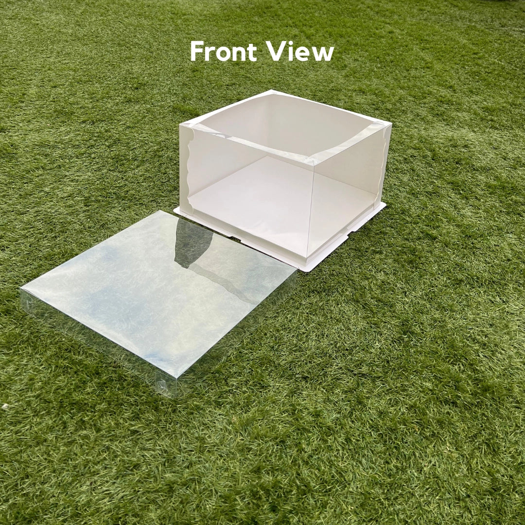 A professional-grade white crystal cake box showing a stable 12-inch base and clear viewing window.