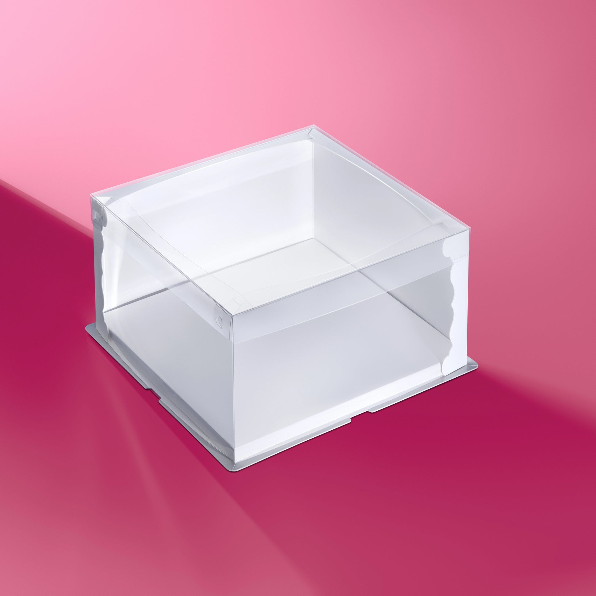 Clear 12inch Cake box on a pink background 
