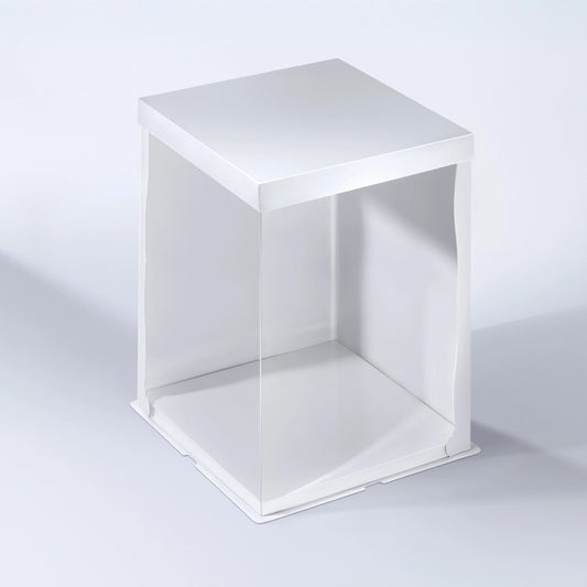 Extra sturdy crystal cake box with 12-inch base and 16 inch height for professional bakers. 