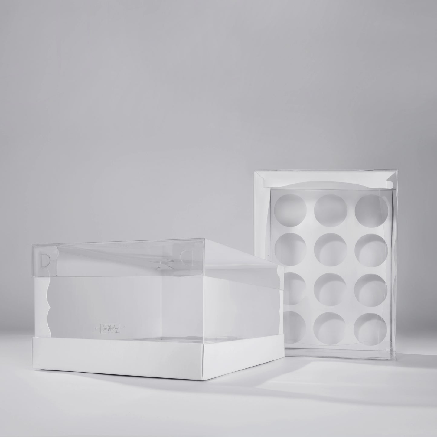 TOP VIEW AND SIDE VIEW OF Extra-tall 14cm CUPCAKE box with 12-cupcake insert showing 5cm extra height clearance for high-piped frosting.