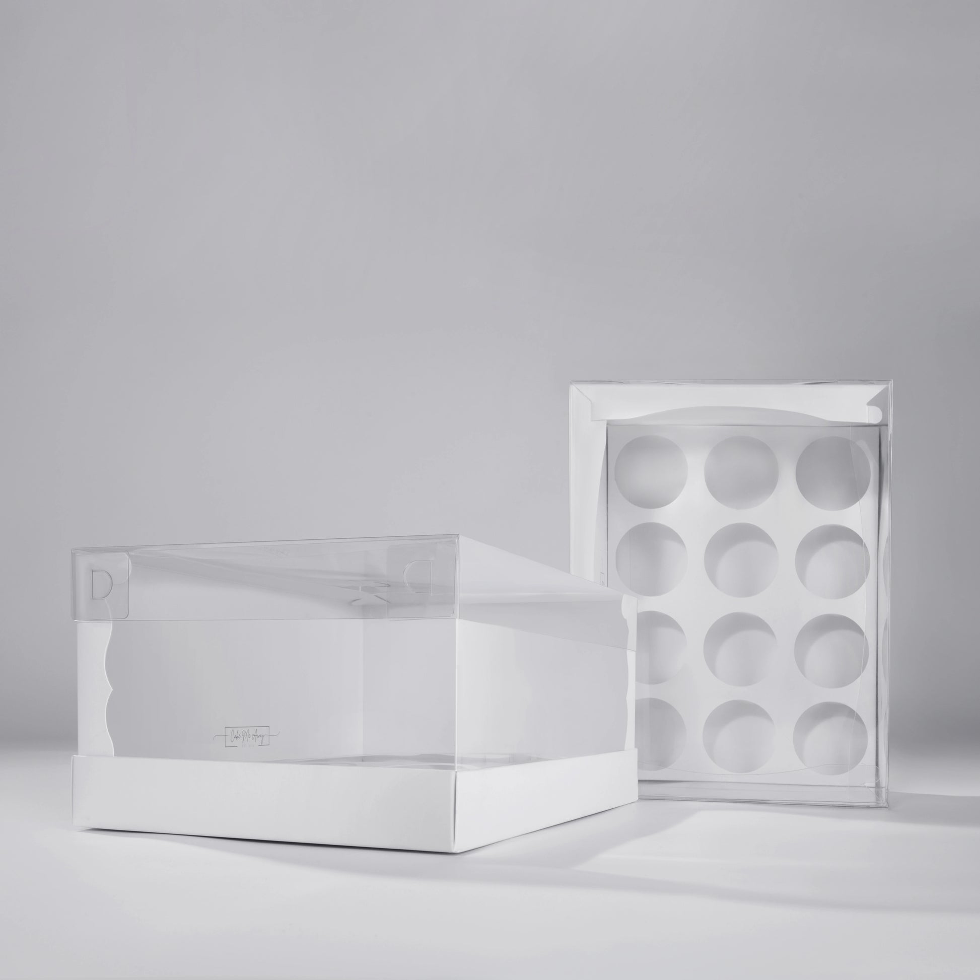 TOP VIEW AND SIDE VIEW OF Extra-tall 14cm CUPCAKE box with 12-cupcake insert showing 5cm extra height clearance for high-piped frosting.