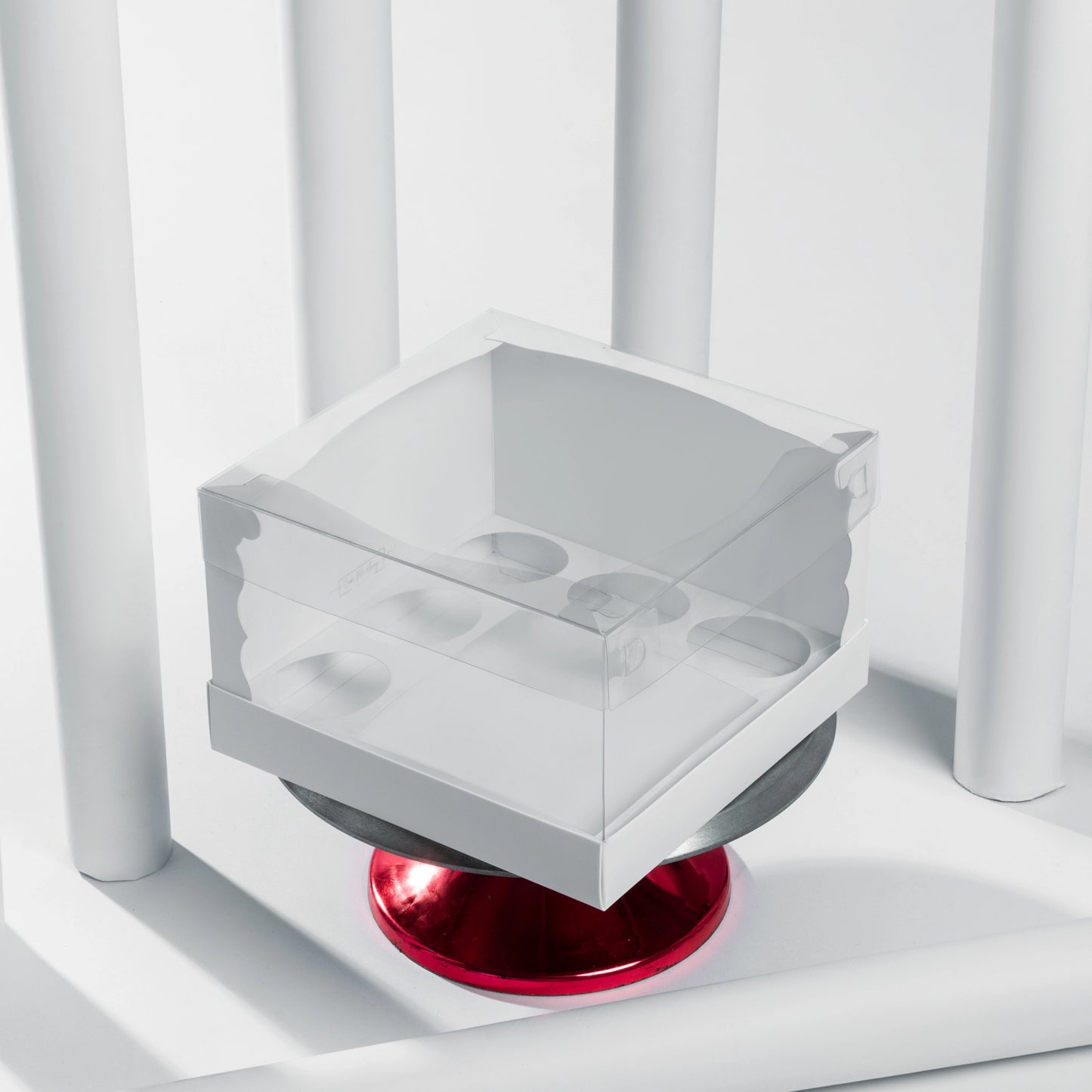 Extra-tall 14cm bento cake box with 5-cupcake insert showing 5cm extra height clearance for high-piped frosting.