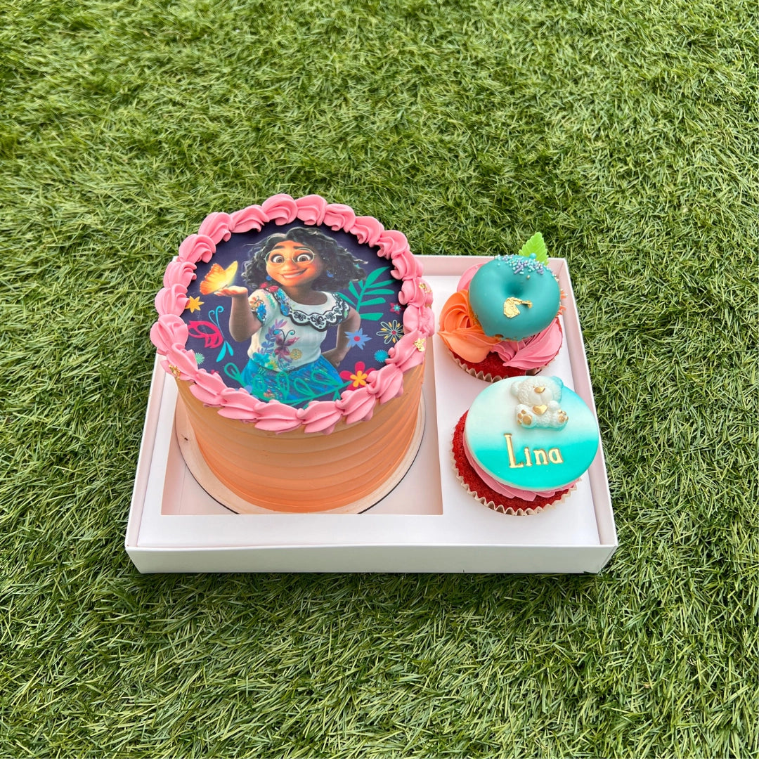 Tall white bento cake with 2 cupcakes box with heavy-duty reinforced base and anti-fog crystal clear display panel.