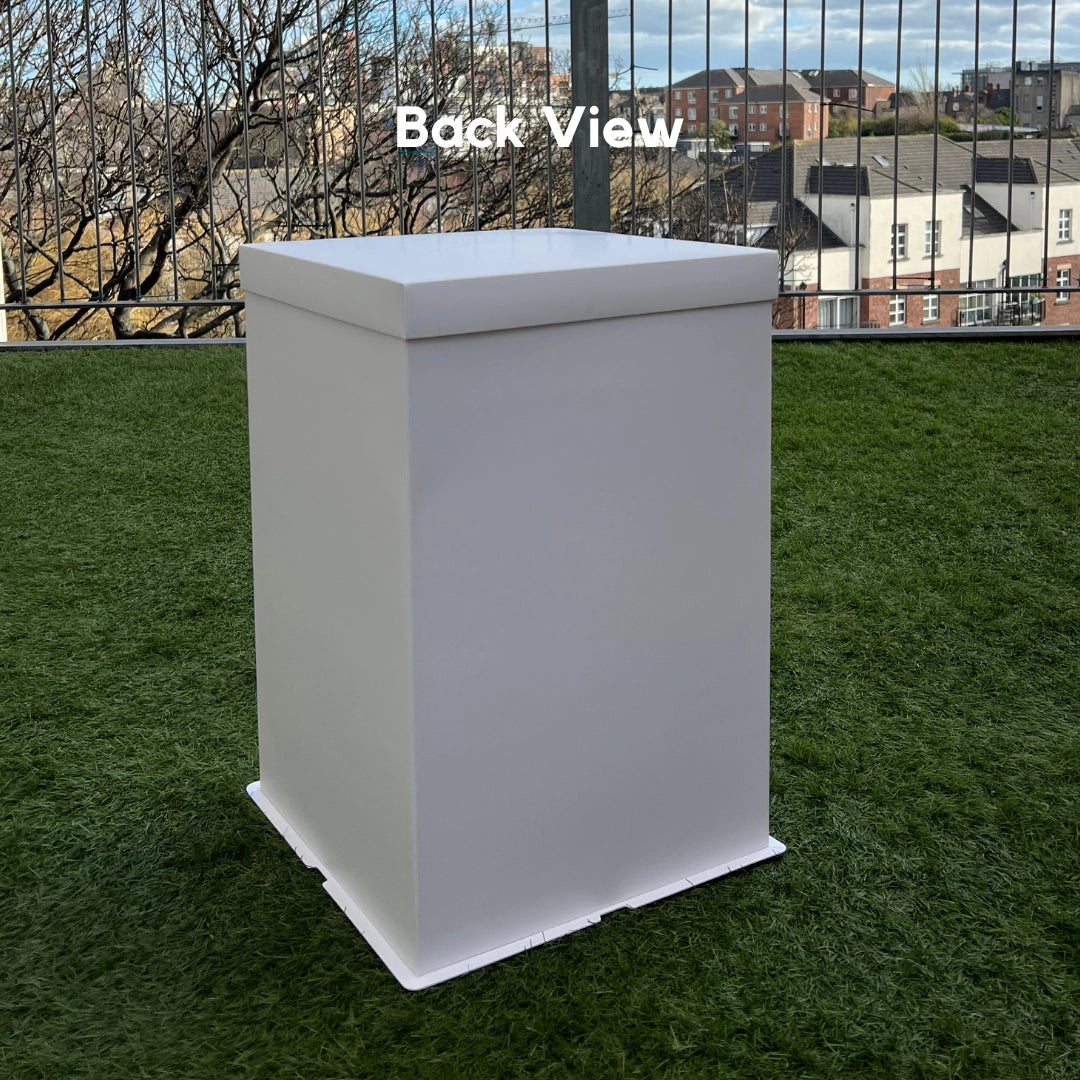 back view of white extra tall professional cake packaging with 180 degrees crystal clear window